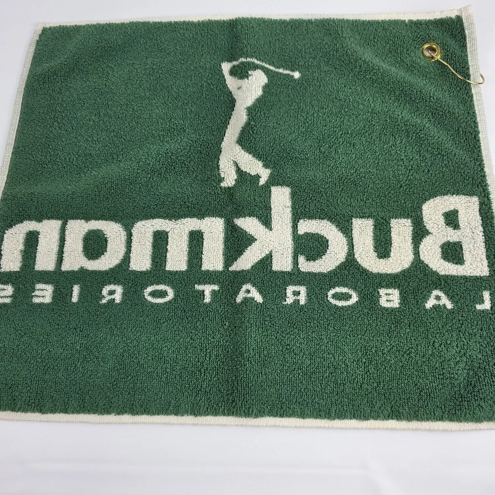 Buckman Laboratories Golfing towel 16x19 Cotton Hook hang on Bag Green